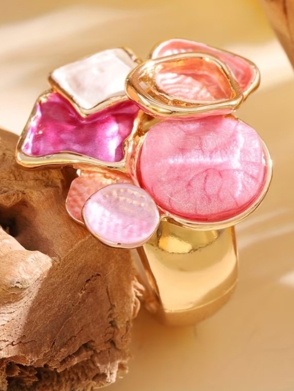 Gold Ring with Pink Shell Cluster Accent